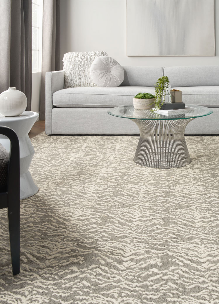 grey animal print carpet in living room with modern decor